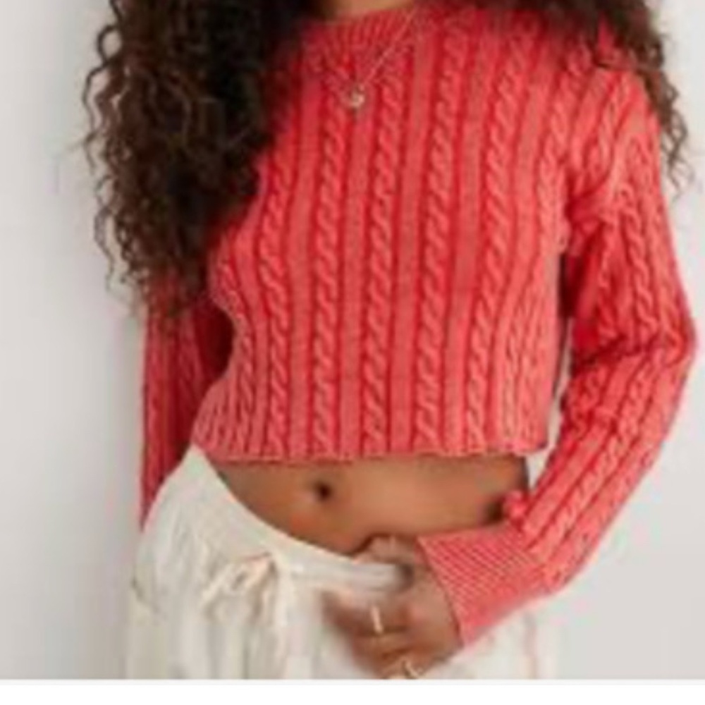 NWT Aerie Red Cropped cable Knit Sweater faded style size XS